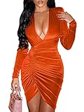 YMDUCH Vestido corto sexy de manga larga con cuello en V para mujer, fruncido, entallado, para cóctel, club, Naranja, XL