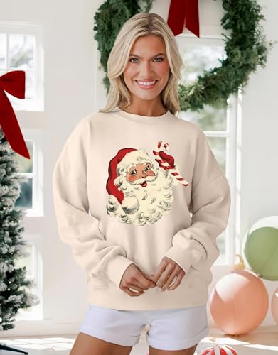 MAPICK Christmas Crewneck Sweatshirt Vintage Cheerful Santa Claus Graphic Xmas Oversized Sweaters Holiday Vacation Gifts(Apricot,Medium) — view 3