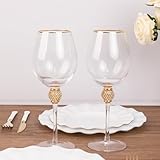 Efavormart Set of 6 Gold Rimmed Clear Wine Goblet Glasses with Rhinestones Studded Stem, 16oz Handblown Glassware Vintage Crystal Water Goblet Cocktail Glasses - 10"