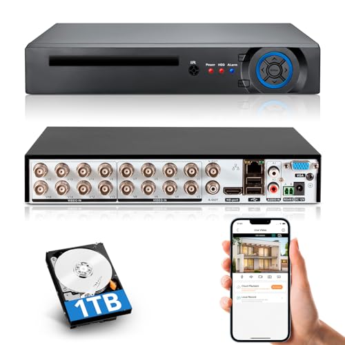 TOWODE 16 Channel CCTV Camera System Surveillance Video Recorder with 1TB Hard Drive,16CH DVR Supports 5MP/4MP/1080P AHD/TVI/CVI/IP Cameras, 24/7 Surveillance Recording,Human Detection,Remote Access