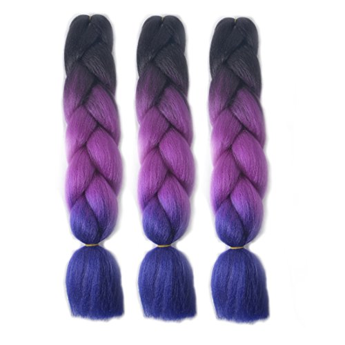 MSHAIR Ombre Jumbo Braiding Hair Extension Synthetic Kanekalon Fiber for Twist Braiding Hair Black/Purple/Dark Purple Color 24 Inch 3 Pieces/lot
