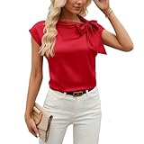 LNNGNIA Seidenbluse Damen Satin Bluse mit Schleifen Einfarbig Satinbluse Elegant Business Shirt Sommer Oberteile Arbeit Blusenshirt für Pendler Flügelärmel Ärmellose Blusen Leichte Damenblusen