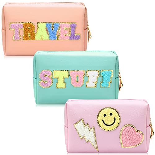 3 Pieces Preppy Patch Small Cosmetic Bag Preppy Makeup Bag PU Leather Portable Waterproof Makeup Organizer Bag Preppy Pouch Makeup Accessories for Toiletry (Green, Pink, Salmon Pink, Smile)