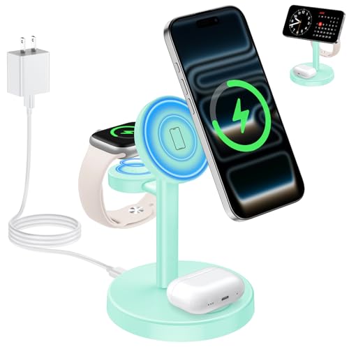 Image of Aeinidi 2026 3 in 1 Wireless Charging Station Compatible with MagSafe, 15W Fast Magnetic Mag-Safe Charger Stand for Apple iPhone 17 16 15 14 13 12 iWatch AirPods Pro 4 3 2, LightGreen