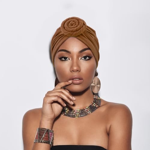 Image of DRESHOW 5 Pack Knotted Headwraps for Women African Turban Pre-Knotted Beanie Headwraps Hair Covers