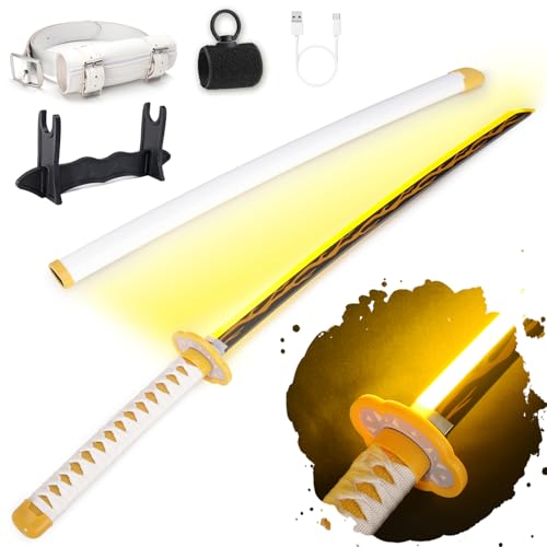 RENGENG Light Up Zenitsu Sword, 40 Inches Rechargeable Plastic Anime Replica with Belt & Stand, Original Texture Anime Sword
