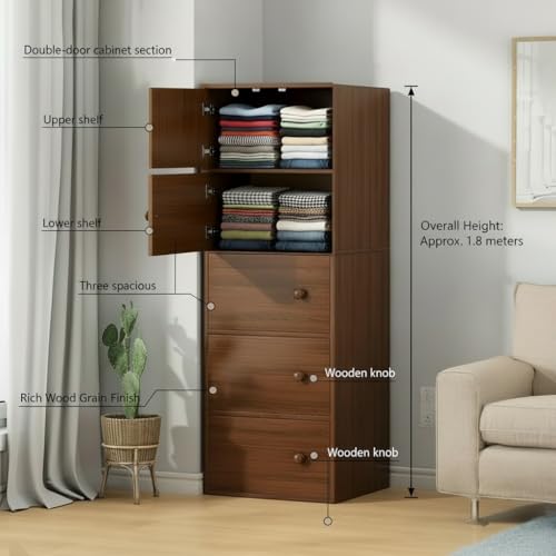 Image of EXVITO Engineered Wood Wardrobe for Bedroom | Foldable 5-Shelf Wooden Storage Cabinet | Cupboard Almirah for Clothes | Collapsible Wardrobe | Space Saving Wooden Cabinet - Walnut