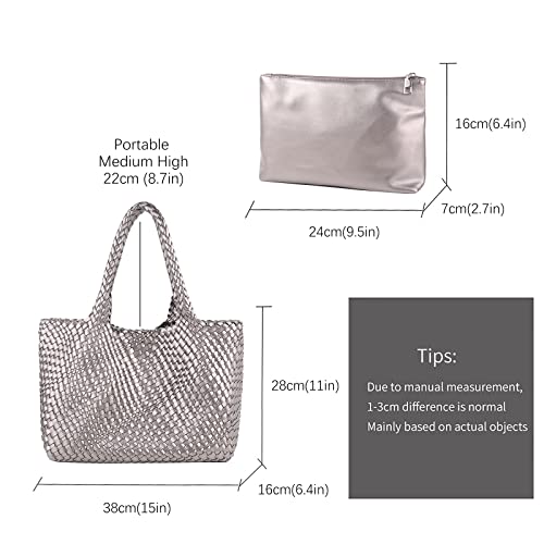 Image of Woven Tote Bag for Women Retro Handwoven Shoulder Travel Handbag Large Capacity Hobo Vegan Leather Bags with Purse