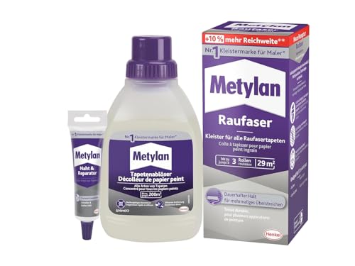 Metylan Raufaser, Tapetenkleister für Raufasertapete (1x180g) & Metylan Naht- und Reparaturkleber (1x60g) & Metylan Tapetenablöser Aktiv-Konzentrat, löst problemlos (1x0,5l)