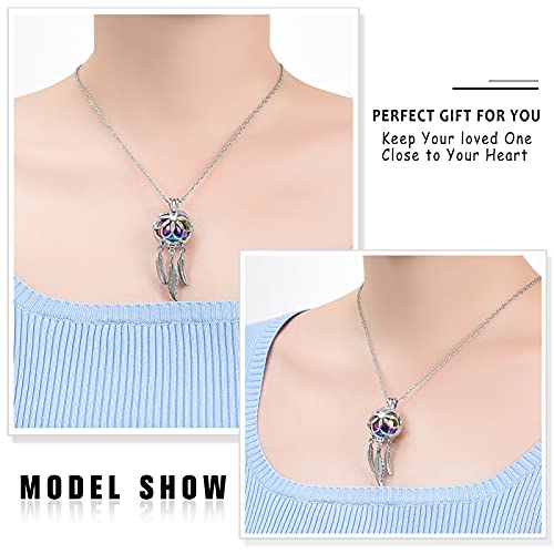 shajwo Dream Catcher Urn Necklace for Ashes for Women Men Cremation Jewelry Flower Feather Keepsake Memorial Hollow Pendant,Rainbow