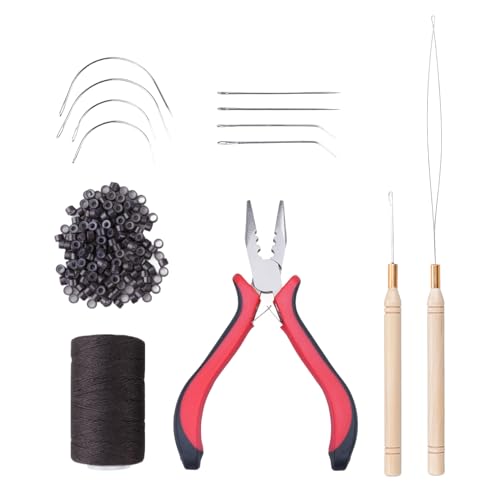 GOO GOO Hair Extension Tools Kit, 200 Brown Micro Rings, 1 Plier, 1 Needle Pulling Hook, 1 Micro Ring Loop, 1 Weaving Thread, 3 C-type Needle