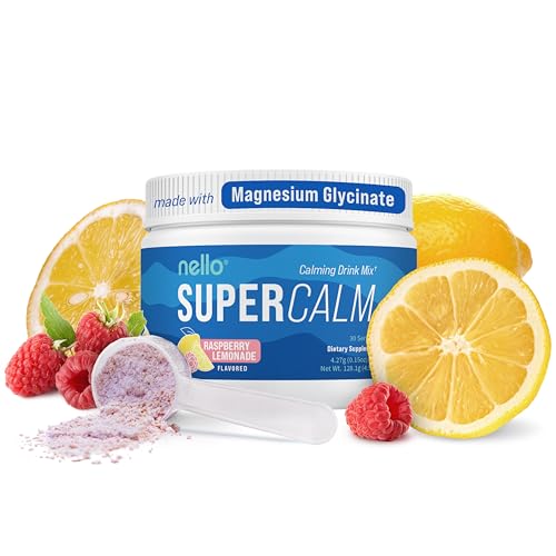 Nello Supercalm Powdered Drink Mix Tub, Cortisol Reducer*, Sleep Aid Supplement, L Theanine, Ksm-66 Ashwagandha, Magnesium Glycinate, Vitamin D 3, No Sugar, Non GMO, 30 Ct, Raspberry Lemonade