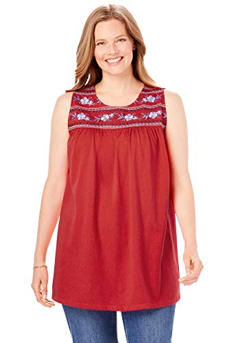 Woman Within Women's Plus Size Embroidered Crewneck Tank Top - 22/24, Vivid Red Embroidery #TOP16