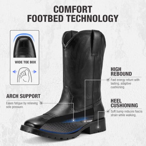 Image of Rollda Cowboy Boots for Men, Western Boots Men's Square Toe Chunky Heel Mid-Calf Boots Classic Embroidered Pull On Tabs Black Size 9