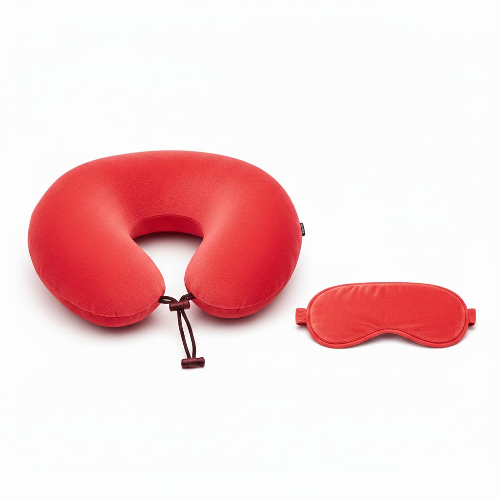 Travel Neck Pillow with Matching Eye Mask | Adjustable Thread Lock U Shape Neck Cushion | Soft Thread Fabric & Neck Pillow for Traveling Set (Black) (Red)-image-12