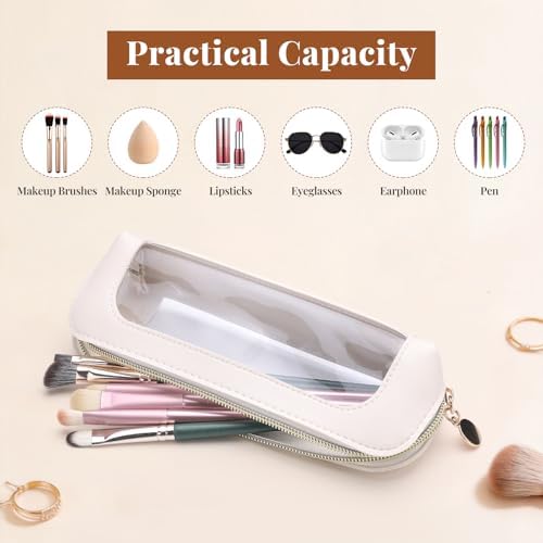 Sightor Clear Makeup Bag, PU Leather Makeup Brush Case Small Makeup Bag for Purse Travel Portable Waterproof Cosmetic Organizer Pouch (Beige) - 3