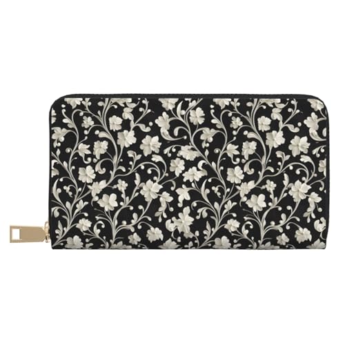 White Flowers Print Wallet Women Men, Long PU Leather Wallets for Women, Cute Womens Travel Wallet Purse Pouch with Zipper Pocket