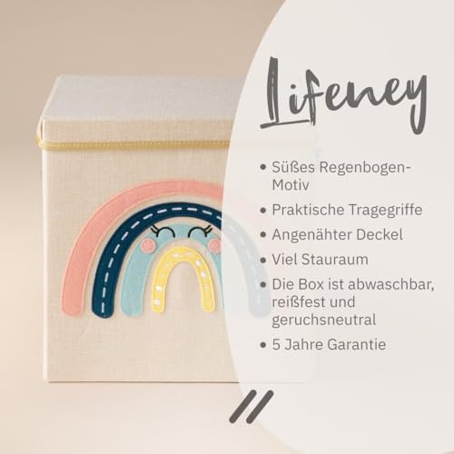 LIFENEY Aufbewahrungsbox mit Deckel und Regenbogen I Spielzeugbox mit Motiv passend für Würfelregale I Ordnungsbox für das Kinderzimmer I Aufbewahrungskorb Kinder