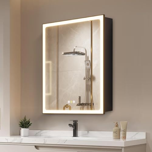 16''x26'' LED Lighted Bathroom Mirror Cabinet with Anti-Fog, Dimmable, USB Outlet & 3 Color Lighting – Black Frame Vanity Mirror with Storage