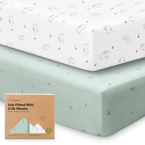 Image of Pack and Play Sheets Fitted - 2-Pack Mini Crib Sheets for Pack N Play Mattress 38x26, Soft & Cozy, Neutral Toddler Playard Bedding, Snug Fitted Mini Baby Crib Mattress Cover Boy, Girl (Bunnies)