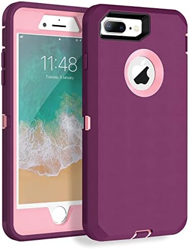 MXX iPhone 8 Plus Heavy Duty Protective Case with Screen Protector [3 Layers] Rugged Rubber Shockproof Protection Cover for Apple iPhone 7 Plus - iPhone 8 Plus/Apple Phone 8+ - Plum/Light Pink