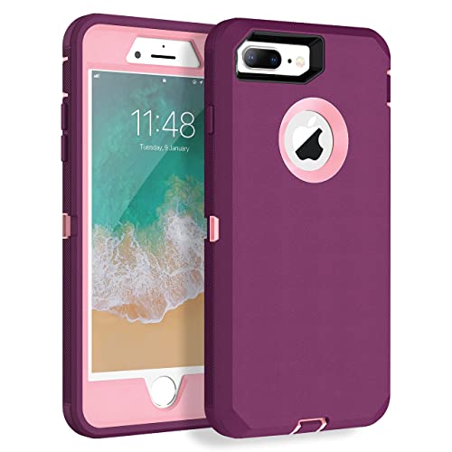 Mxx Iphone 8 Plus Heavy Duty Protective Case With Screen Protector [3 Layers] Rugged Rubber Shockproof Protection Cover For Apple Iphone 7 Plus - Iphone 8 Plus/Apple Phone 8+ - Plum/Light Pink #TOP4