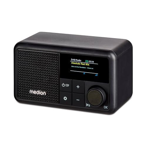 MEDION S66822 Tragbares Mini DAB+ Radio mit Bluetooth (Akku mit bis zu 6,5 Stunden, klein, dimmbares Farbdisplay, Teleskopantenne, Sleeptimer, Wecker, Snooze, AUX, USB-C) schwarz