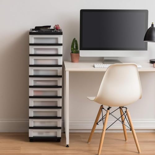 Image of IRIS USA 10-Drawer Rolling Storage Cart, Black /Pearl | Keep classroom supplies, teacher essentials, craft materials, and learning tools organized with easy-access drawers.
