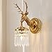 MIXL - Deer Head Wall Sconce in Gold,Brushed Brass Wall Lamp with Crystal Pendant,Deer Antler Wall Mount Lamp,Vintage Style Led Wall Lights for Living Room Bedroom Hallway and Foyer