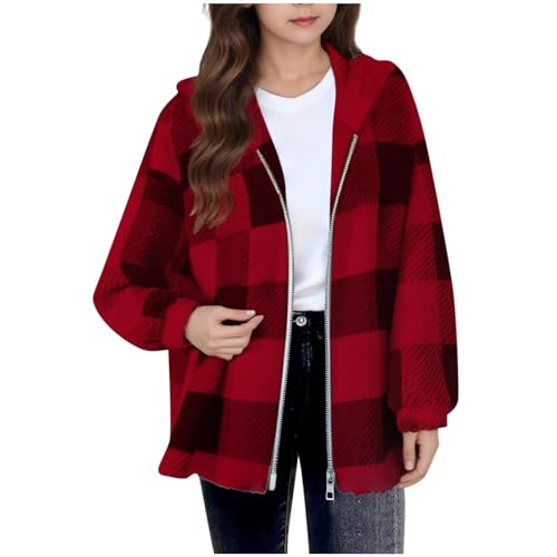 Girls Fleece Jacket with Pocket Zip up Hooded Plaid Shacket Kids Long Sleeve Sherpa Winter Warm Outwear Teen Clothes