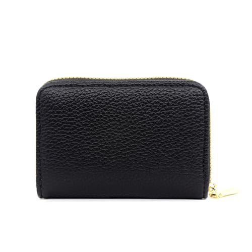 Small Genuine Leather Credit Card Holder for Women Zipper Wallet Classic Black (Black)