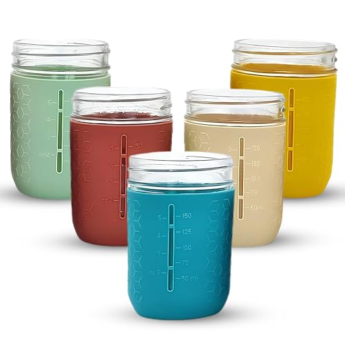 Image of minliving Silicone Mason Jar Sleeves | Anti-Slip Protectors for 8 oz Regular Mouth Ball & Kerr Jelly Canning Jars | Kids Cup Holders with Measurement Markings | Dishwasher Safe Jar Jackets - 5 Pack