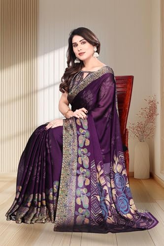 Image of SUPERLAXMI Women's Chiffon Floral Printed Saree with Blouse Piece
