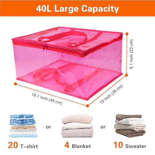 Vieshful Pink 40L Clear Clothes Storage Bag with Zipper 3 Pack Colorful Clothes Organizer Vinyl Storage Bag for Comforter Blanket - Image 2