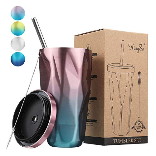 KINGSO Termo Taza 480 ml, Vaso Termico de Viaje con Pajita y Tapa a Prueba de Fugas, Taza de Café Cerveza e Acero INOX 18/8 con Aislamiento al Vacío para Bebidas Frías o Calientes
