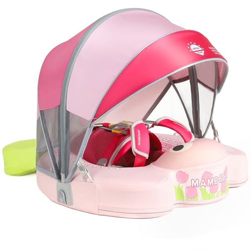 Image of Mambobaby Float with Canopy and Tail New Upgraded Non-Inflatable Baby Pool Float Mambo Float Swim Trainer Solid Infant Swim Float Adjustable Pearl Foam Baby Swim Ring