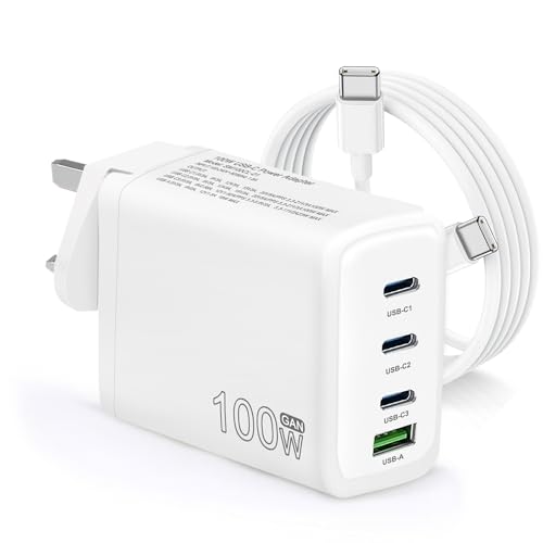 100W USB-C GaN 4-Port Charger Power Adapter for MacBook Pro, MacBook Air, Google Pixel book, ThinkPad, Dell XPS, iPad Pro, Galaxy S22/S20, iPhone 15/Pro, Included 1.8m USB C to C Extra-Long Cable