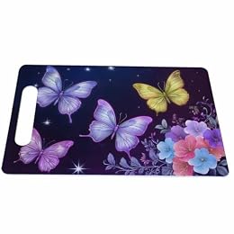 Bcumuq Stars And Butterfly Cutting Board with Handles Purple Glowing Flowers Cutting Boards Plastic Safe Chopping Board for Kitchen 16" x 10" x 0.24"