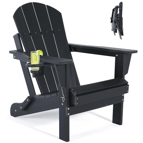ABCPATIO Folding Adirondack Chairs - Plastic Adirondack Chairs with Cup Holder, Weather Resistant for Outdoor, Patio, Lawn, Garden, Backyard Deck, Fire Pit - Black
