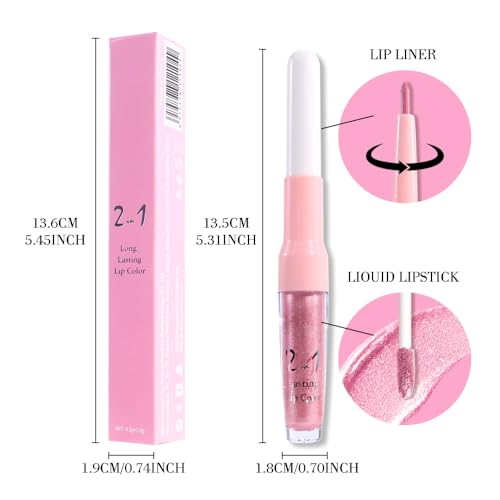 Image of evpct Warm Pink Metallic Glitter Lip Liner and Lipstick Combo Set Long Lasting Waterproof, Metallic Shimmer Lip Gloss Stain Makeup for Women, Warm Pink Frosted Iridescent Glossy Liquid Lipstick 19