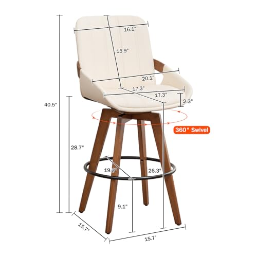 Image of AQG Counter Stools Set of 2, 26.3 Inch Mid Century Modern Counter Height Bar Chairs, Swivel Barstools with Walnut Craft, Faux Leather Upholstered Furniture for Island /Counter (Beige, 26.3 inch-2 PCS)