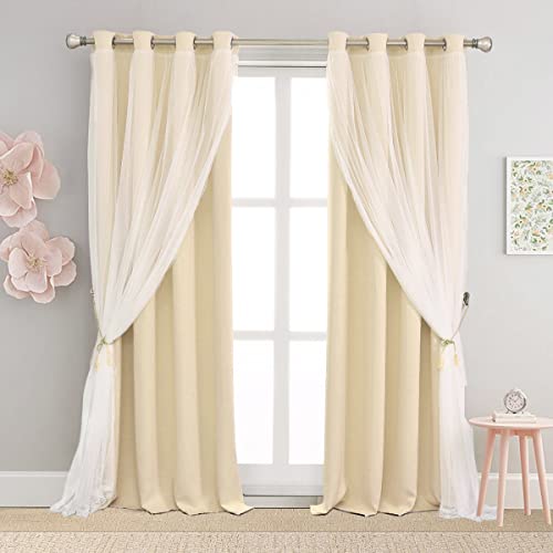 Image of Beige Blackout Curtains with Sheer 54 Inches - Double Layered Short Blackout Curtains with Voile Sheer Drapes for Kids /Girls Bedroom Nursery Living Room, Biscotti Beige, 2 PCs