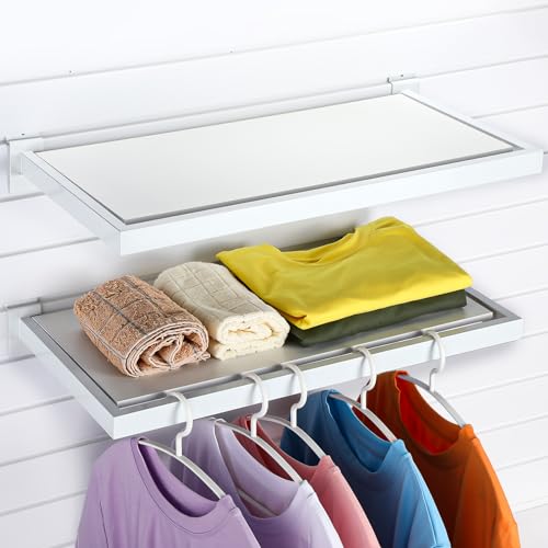 Blulu 2 Pack Slatwall Shelf, 23. 6x11. 8 Inch Wooden Wall Shelves with Metal Rectangular Tubing U Shaped Hanger Slatwall Shelving Organizer Accessories for Home Retail Display (White)