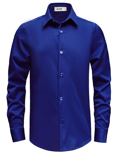 AOTIK Boys Dress Shirts Long Sleeve Button Down Shirts Stretch Formal School Uniform Shirt 2 Fits (Regular/Husky) 14 Royal Blue