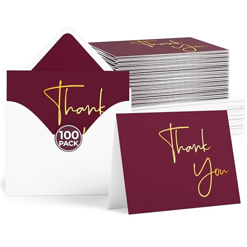 VNS Creations Gold Foil Thank You Cards With Envelopes Bulk Set & Stickers - 100 Pack 4x6 Blank Thank You Notes Box Set - Large Note Card Small Business, Wedding, Baby Shower & Bridal Shower - Wine