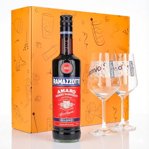 Sipply Geschenkset 3-teilig mit 2 Ballonglas und 1 Flasche Ramazzotti Likör 0 7l 30% | mit Geschenkverpackung: Orange | Geschenk für Frauen Männer Mama Papa Freundin zu Weihnachten Ostern