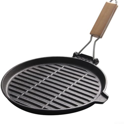Poêle en fonte robuste avec nervures pour la cuisson, poignée en bois pliable pour plus de commodité, rebord de jus pour attraper les gouttes et crochet de suspension