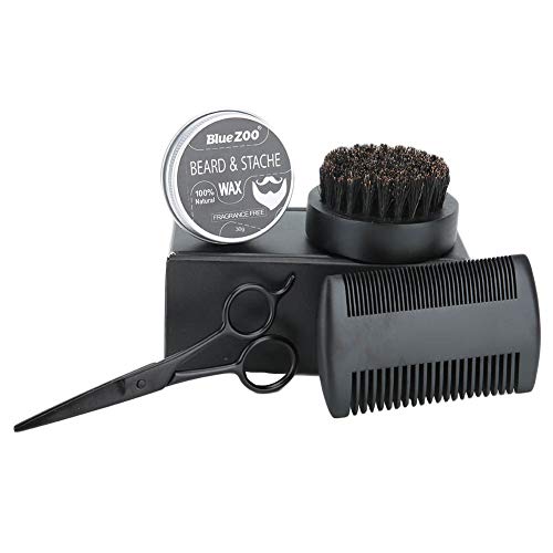 FastUU Beard Care Set, 4pcs / Set Men Moustache Cream Comb Brush Trimming Scissors with Beard Wax, Beard Oil for Hair, Long Short Beard, Moustache(Black)