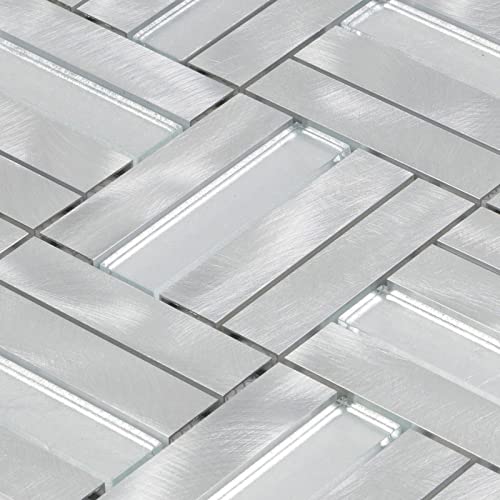Modket Basketweave Parquet Brushed Aluminum Metallic Mosaic Tile Blended With Glass Insert Mesh Mounted Backsplash Kitchen / Bathroom / Accent Wall Am-599 - Sample #TOP3