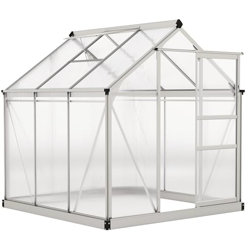 Outsunny 6 x 6ft Polycarbonate Greenhouse, Large Walk in Green House with Slide Door and Window, Garden Plants Grow House with Aluminium Frame and Foundation, Silver Tone